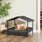Yaheetech Wicker Dog House Outdoor Indoor with Canopy, Elevated Dog Shelter Dog Bed with Cushion for Small/Medium Dogs, Shade for Deck, Patio, Yard, Pool, Black House, Gray Cushion