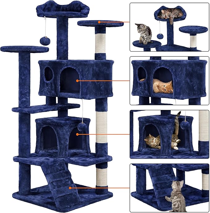 Topeakmart 54in Cat Tree, Cat Tower w/Large Cat Condo Scratching Posts and Perch, Cat Stand House Furniture, Navy Blue