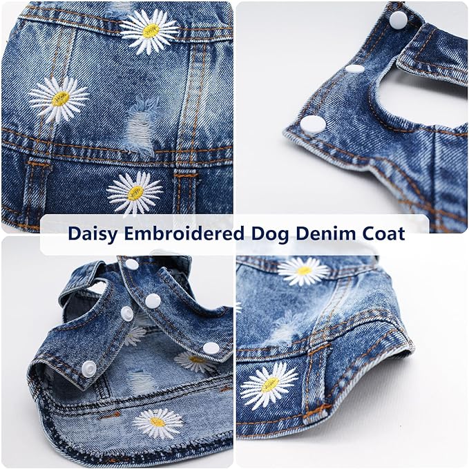 Pet Clothes Vintage Denim Dog Jacket with Daisy Embroidery - Puppy Stylish Pet Coat for Chihuahua, Yorkie Small Breeds - All-Season Comfort (Blue,Large)