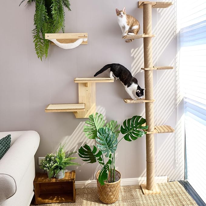 FUKUMARU Wall-Mounted Cat Tree for Small & Medium Cats, 5-Tier Tall Cat Climbing Tower with Scratching Post, Indoor Cat Wall Shelves for Climbing, Scratching & Lookout