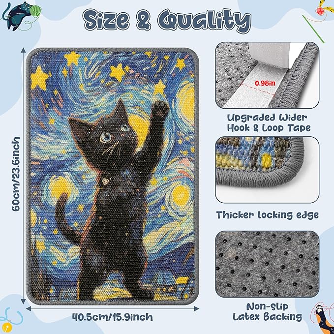 Sisal Cat Scratching Pad - Shedding-Resistant Wall Scratcher Mat for Indoor Cat, Kitten Art Starry Night Scratching Mats for Carpet Couch Furniture with Adhesive Hook Loop Tape(24 * 16in)