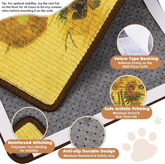 Sisal Cat Scratcher Mat, Cat Wall Scratcher for Indoor Cats, 23.6x15.7 Inch Cat Scratch Pad with Hook & Loop, Wall Mounted Cat Scratching Post to Protect Couch and Carpet（Helianthus）