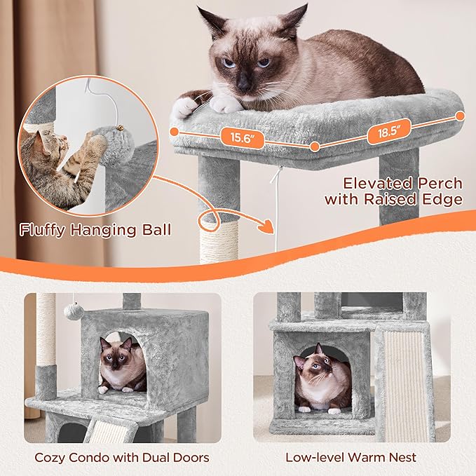 Yaheetech Cat Tree for Indoor Pets, 36in Tower Condo w/Extra Large Perch, Scratching Posts, Board, Dangling Ball, Play Structure for Kittens & Adult Cats, Light Gray