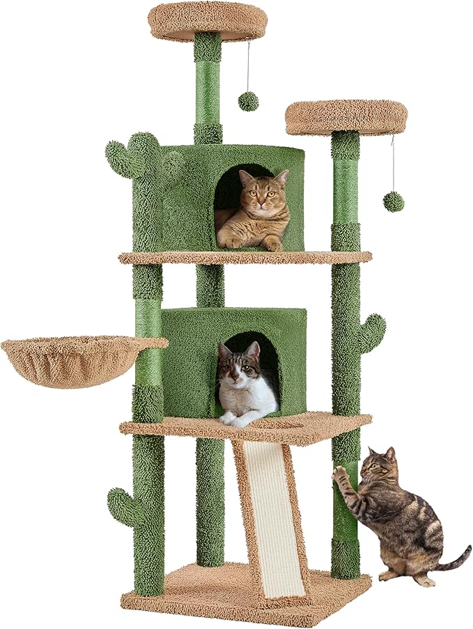 Yaheetech Cactus Cat Tree, 66?H Cat Tower for Indoor Cats, Multi-Level Cat Tree with Large Condos & Ramp, Pet Play House with Padded Perch, Platforms, Basket & Hanging Ball, Green/Brown
