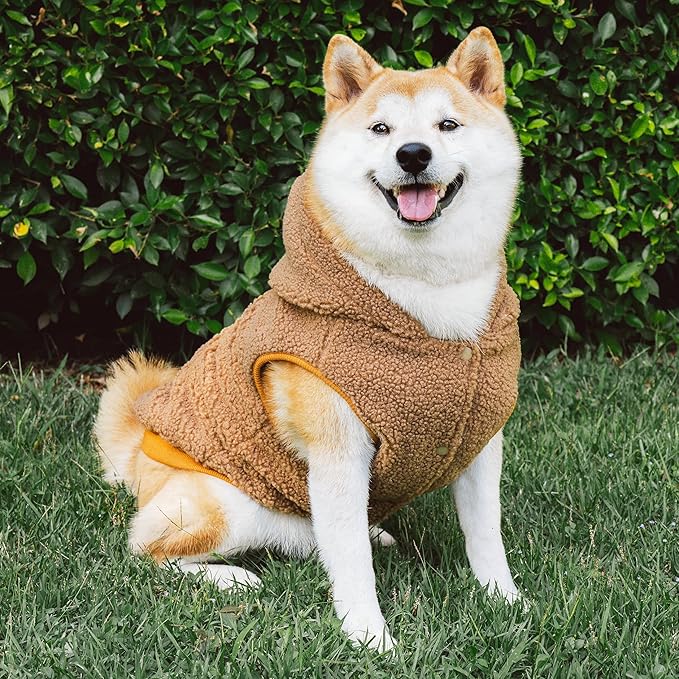 Tuff Pupper Fleece Dog Hoodie Sweater | Teddy Sherpa Outer & Soft Polar Fleece Lining | Adjustable Fit Winter Coat with Hood, Leash Hole, Ribbed Cuffs | for Small Medium Large XL XXL Dogs (Brown, M)