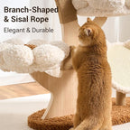 Aesthetic Flower Cat Tree Tower with Scratching Post for Indoor Cats, 37" Modern Cat Tree with Wood Sculpted Branch, Flower Cat Beds, Scratching Board & Interactive Squeaky Toy, Creamy White