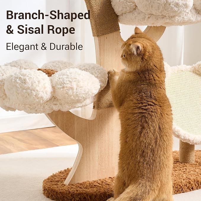 Aesthetic Flower Cat Tree Tower with Scratching Post for Indoor Cats, 37" Modern Cat Tree with Wood Sculpted Branch, Flower Cat Beds, Scratching Board & Interactive Squeaky Toy, Creamy White
