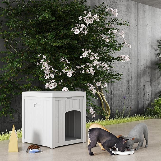 Indoor Dog House Weatherproof Outdoor Dog Houser for Small Medium Dogs, Resin Plastic Igloo Dog House with Flip Lid and Elevated Floor, Easy Assembly for Cat Puppy Shelter (White)