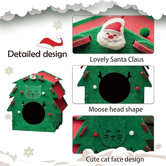 KAQJW Christmas Detachable Felt Cat Bed Condo Shelter House for Indoor Use - Easy to Assemble, Durable and Warm Funnest - Cozy Shelter with Built-in Scratching Board and Bonus Cat Toys