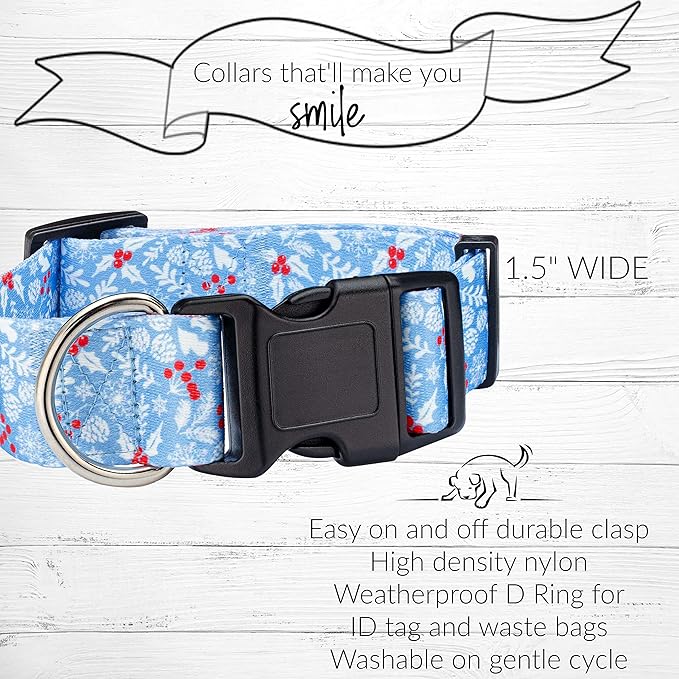 Lucky Love Dog Wide Dog Collar - Adjustable, Durable, Soft Webbing, & Comfortable 1.5 inch Wide Collar for Dogs Male and Female with Strong Buckle - Winter Blue, Medium