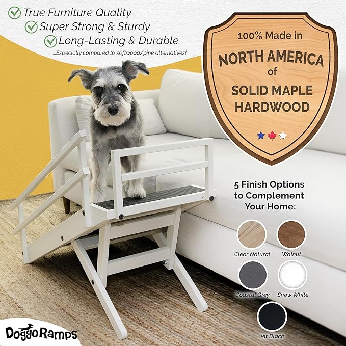 DoggoRamps Dog Ramp with Safety Rails - Adjustable from 14" to 21" with Anti-Slip PAWGRIP & Convenient Platform Top - for Small Dogs up to 150lbs - Made of Solid Hardwood in North America