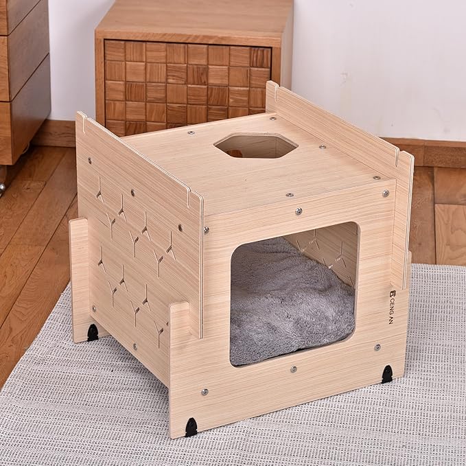 Wooden Cat Condo with Cushion,Cat Bed,Natural Wood Cat Tower with Scratching Post,Multi-Level Cat Tree House (CB-001)