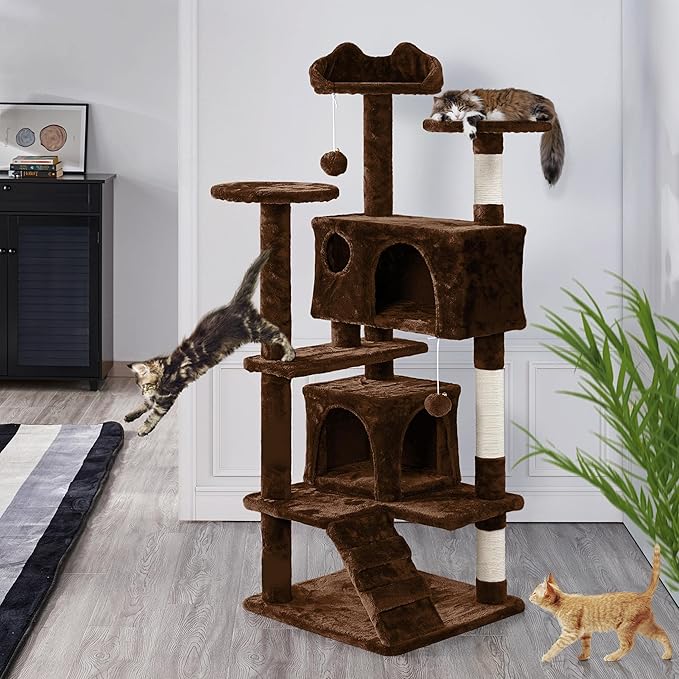 Brown Cat Tree Tower,Cat Scratcher Activity Centre Scratching Posts with 2-Condo and Dangling Toys