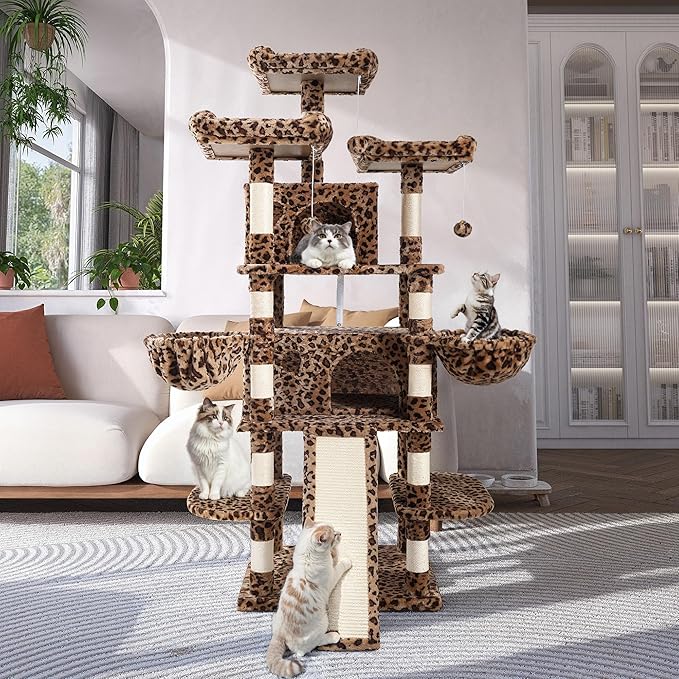 WEEWAY 68 Inches Multi-Level Large Cat Tree for Feline‌/Big Tower/Condo/Cozy Plush Kitty Perches/Fluffy Balls/Sisal Scratching Posts and Hammocks/Cave/Furniture Activity Center/Leopard Print