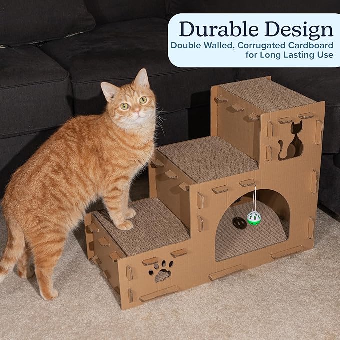 Cat House - Cardboard Cat House with Scratching Pads, Toys, and Catnip - 3-Story Cat Houses for Indoor Cats, Kittens and Small Animals by PETMAKER