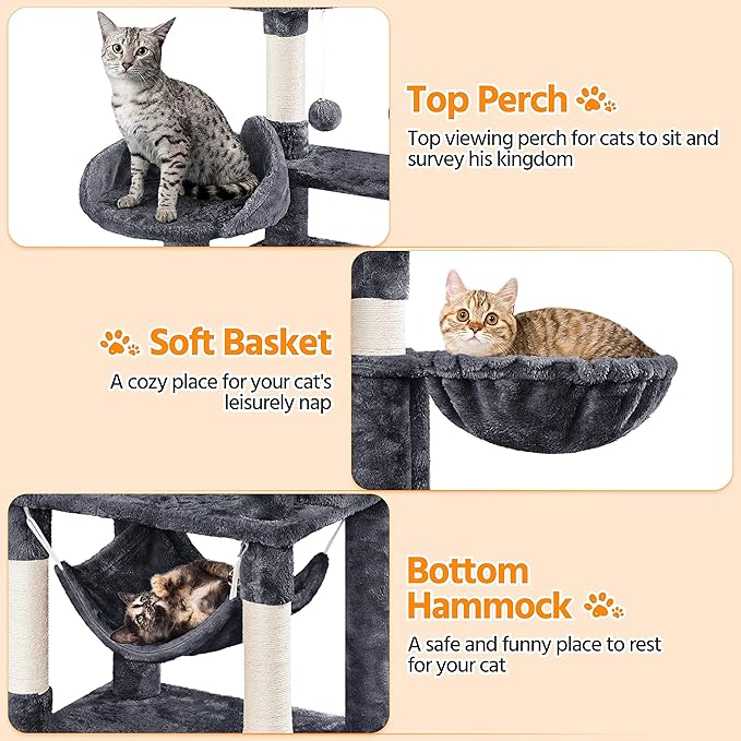 Topeakmart Cat Tree for Indoor Cats, 67in Cat Tower, Multi-Level Cat Play House with Condos & Scratching Posts & Hammock & Basket & Dangling Ball, Dark Gray