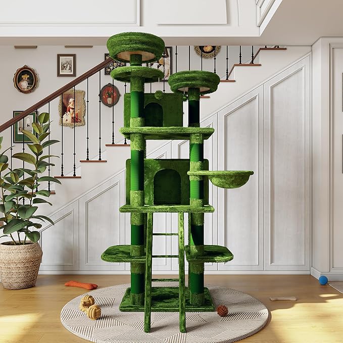 Large 70.87in Cat Tree with 2 Condos, 3 Perches & Hanging Hammock, Cat Tower with Short Plush & No Sharp Edges, Natural Sisal Scratching Areas, Safe & Stable for Multi-Cat Families (Green, 70.87in)