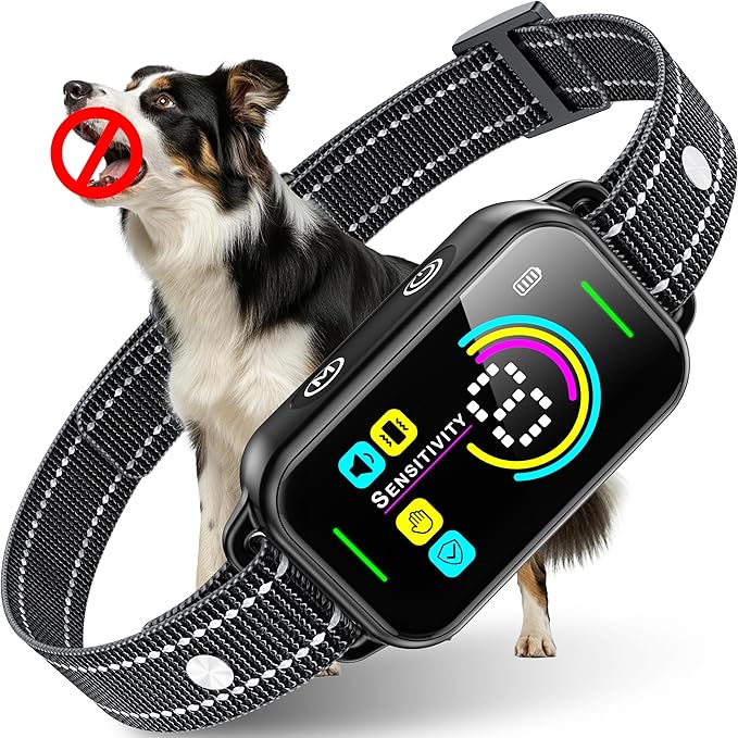 DINJOO Dog Bark Collar for Large/Medium/Small Dogs | Rechargeable Smart AI Anti-Barking Training Collar with 8 Adjustable Sensitivity, Beep & Vibration Modes | Solves Excessive Barking - Dark Black