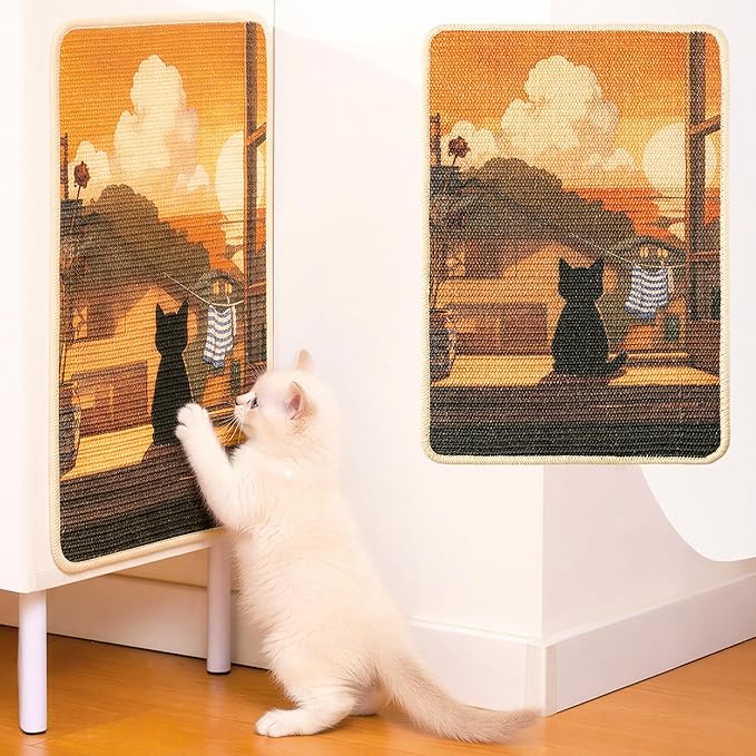 Sisal Cat Scratching Pad - Shedding-Resistant Wall Scratcher Mat for Indoor Cat, Kitten Art Print Sunset Scratching Mats for Carpet Couch Furniture with Adhesive Hook Loop Tape(24 * 16in)