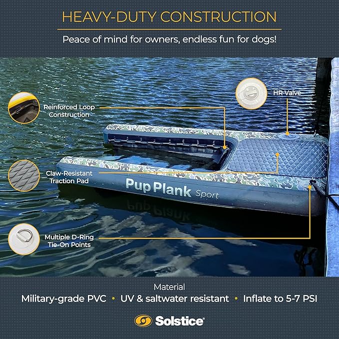 SOLSTICE Inflatable Pup Plank, Dog Water Ramp for Boats and Docks, XL Camo, 200 lb Capacity - Floating Platform for Pets for Lake, River, Beach & Swimming Pool, Includes Pump, Patent-Protected Design