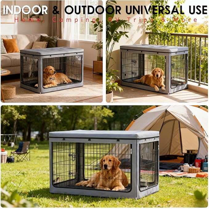 Dog Crate Cover, Heavy Duty Waterproof Abrasion-Resistant and Scratch-Resistant Knife-Scraped Fabric with Breathable Mesh & Detachable Sunshade, Dog Cage Cover Universal Fit for Wire Crates (42-Inch)