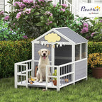 PawHut Dog House Outdoor Indoor, 61" x 41" x 47" Wooden Dog Shelter with Porch, Weatherproof Roof, Elevated Floor, Air Vents & Observation Windows, Large Pet Shelter for Small Medium Large Breeds