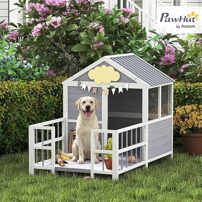 PawHut Dog House Outdoor Indoor, 61" x 41" x 47" Wooden Dog Shelter with Porch, Weatherproof Roof, Elevated Floor, Air Vents & Observation Windows, Large Pet Shelter for Small Medium Large Breeds