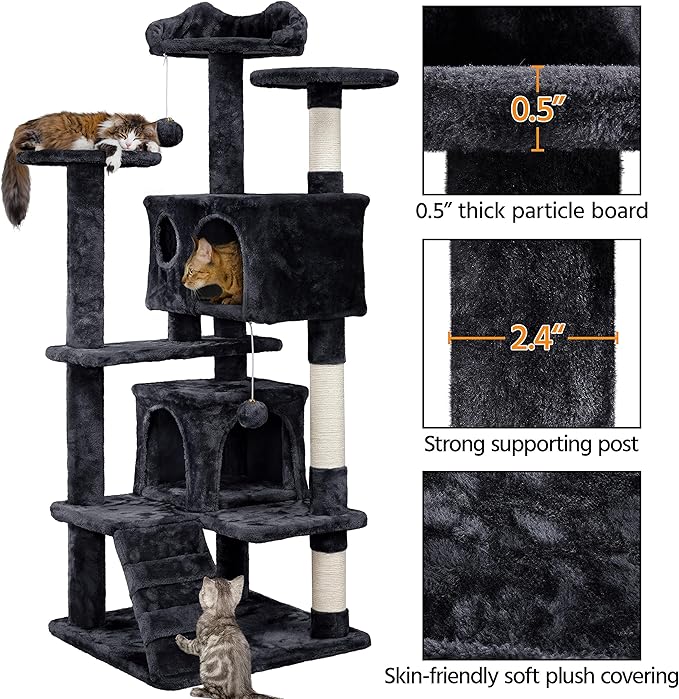 Topeakmart 54in Cat Tree, Cat Tower w/Large Cat Condo Scratching Posts and Perch, Cat Stand House Furniture, Black