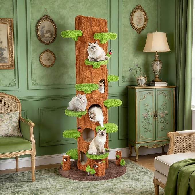 90.5 Inch Cat Tree for Indoor Cats, KAMABOKO Multi-Level Tall Cat Tower with Sisal-Covered Scratching Posts, Plush Perches, Hanging Toys & Spring Toys, Large Kitty Condo with Jumping Platforms