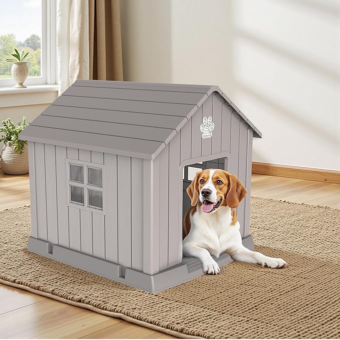 VIXZEN Dog House Outdoor, 38 Inches Weatherproof Resin Dog House Indoor Large with Air Vents & Elevated Floor, Doghouse Outdoor for Large Dogs, Easy Assembly, Versatile Storage Functionality (Grey)