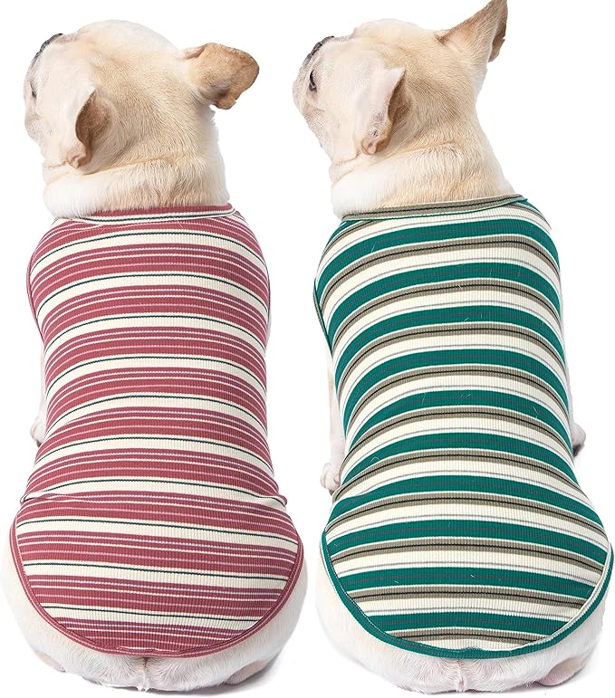 Dog Shirts Vest Cotton Striped T-Shirt, Sleeveless Stretchy Pet Clothes for Small Dogs, 2-Pack Soft Breathable Puppy Tank Top Cat Tee (Large, Pine Green,Plum Red)