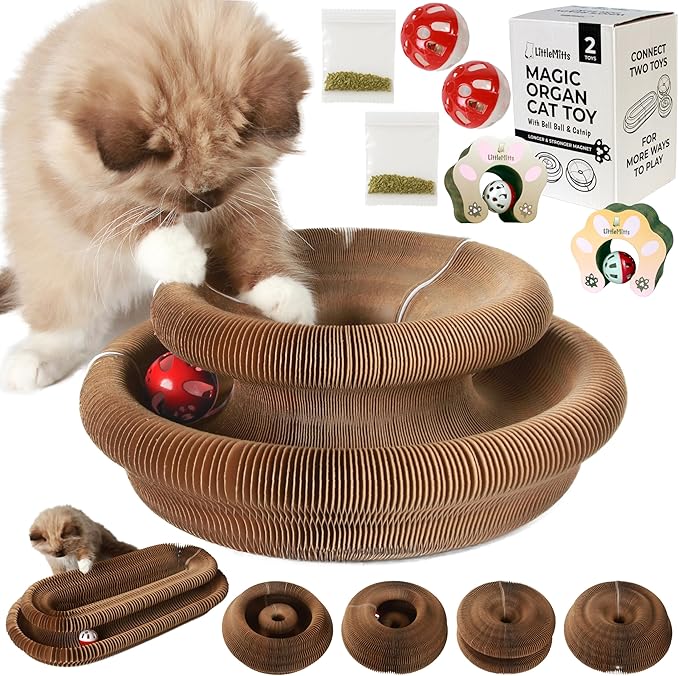 2X Magic Organ Cat Scratcher Board Toy with Bell Ball and Catnip - Longer, Stretchier Accordion Cardboard Scratching Pad with 4 Strong Magnets - Interactive Fun and Enrichment for Indoor Cats