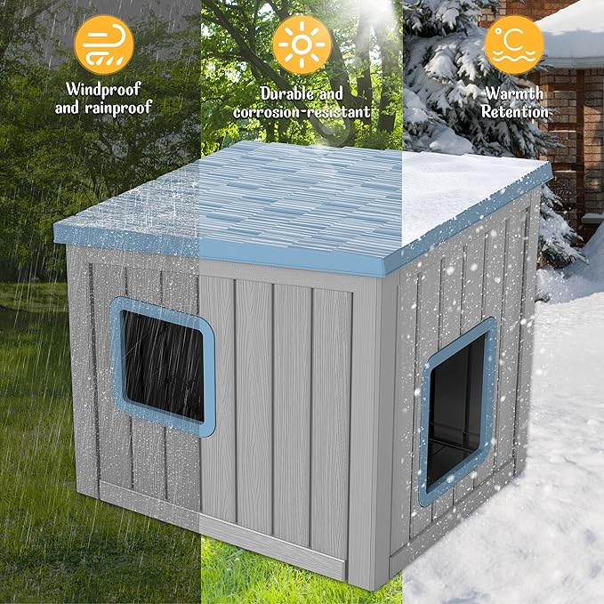 KAMABOKO Outdoor Cat House Weatherproof Insulated for Winter, Durable Shelter for Feral and Outdoor Cats, All-Season Cat House with Removable Roof & Waterproof Base for Patio, Porch, Blue