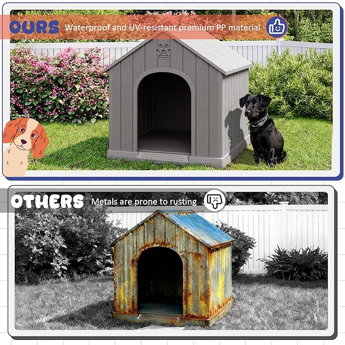 Bifanuo Dog House Outdoor Indoor, Plastic Small Dog House-Weatherproof Design with Air Vents & Elevated Floor for Small to Medium Dogs, Easy Clean and Assemble (Grey)