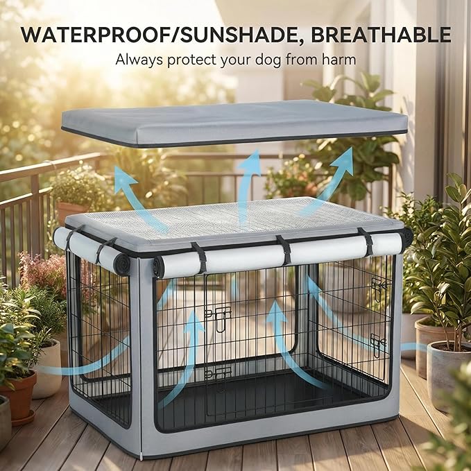 Dog Crate Cover, Heavy Duty 1680D Waterproof Oxford Cloth with Breathable Mesh & Detachable Sunshade, Universal Fit for Wire Crates, All-Weather Indoor Outdoor Use (48-Inch)