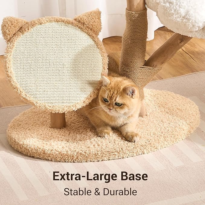 Aesthetic Flower Cat Tree Tower with Scratching Post for Indoor Cats, 30" H Modern Cat Tree with Natural Solid Wood Branch, Fluffy Cat Beds Removable & Large Scratching Board, Dreamy Blue