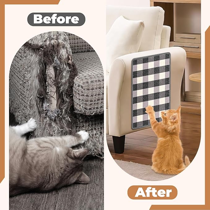 Cat Scratcher Mat, 23.6x15.7 Inch Natural Sisal Cat Scratch Pad, Horizontal Cat Scratching Pad Rug for Indoor Cats with Sticky Tapes, Protect Couch & Carpets（Black White）