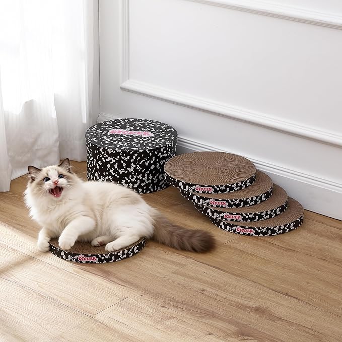 CSR1012D Kate 12 Inch Cardboard Cat Scratcher Pads with Box & Catnip, Reversible Heavy-Duty Scratch Boards for Cats, Furniture Protection, Classic Pattern, Black/White, 5-Pack