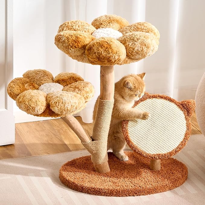 Modern Natural Solid Wood Cat Tree Tower for Indoor Cats Large Adult, 30 inch Flower Cat Tree with Scratching Post, Luxury Aesthetic Cat Tree with Cloud-Soft Flower Perches and Sisal Scratching Pad