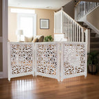 Wooden Foldable Pet Dog Safety Gate - 3 Panel 20" W x 24" H - Hand Carved Suzani Free Standing Portable Indoor Puppy Gate - Doorway Hall Stairs Dog Fence - Assembled - White Wash - IRONGATE