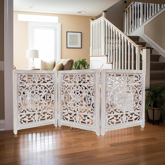 Wooden Foldable Pet Dog Safety Gate - 3 Panel 20" W x 24" H - Hand Carved Suzani Free Standing Portable Indoor Puppy Gate - Doorway Hall Stairs Dog Fence - Assembled - White Wash - IRONGATE