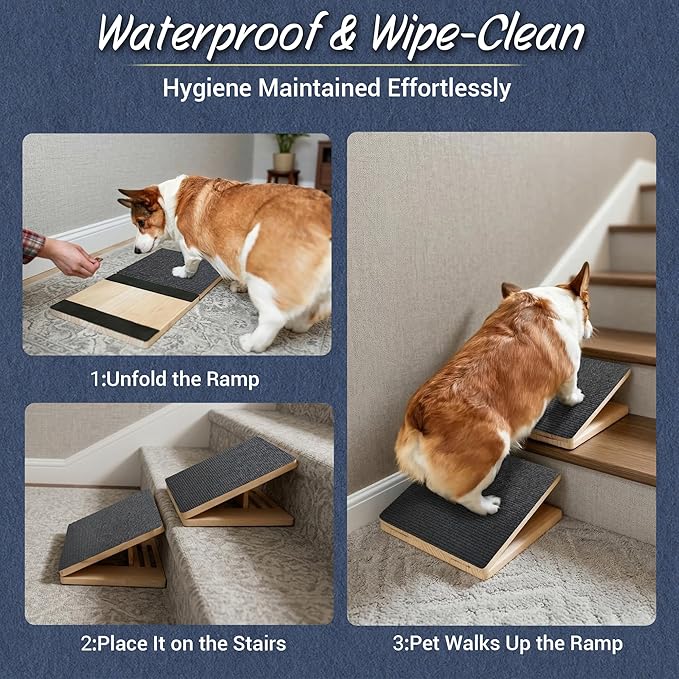 Dog Ramp for Stairs 4 Pack - Adjustable Wooden Stair Wedges for Small Dogs, Foldable Indoor Dog Stair Ramp with Triangular Support and Non-Slip Pads for Senior and Short-Legged Pets