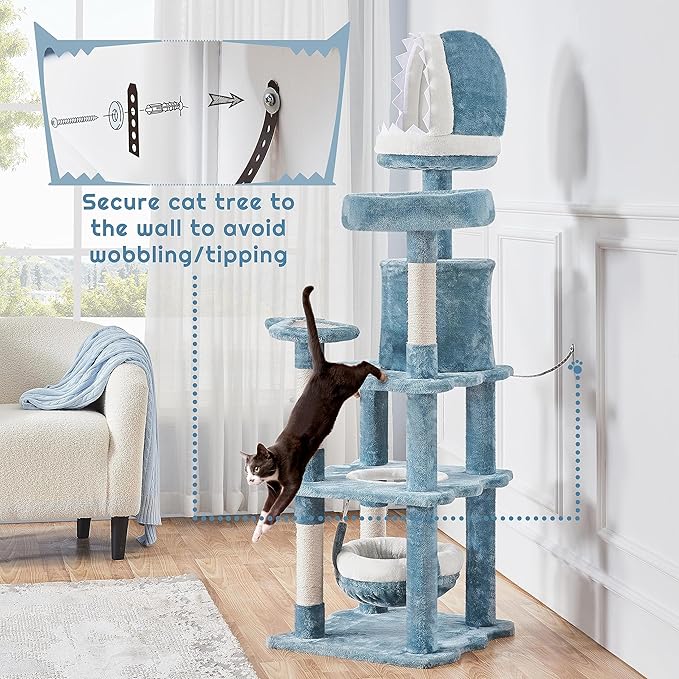 Topeakmart Cat Tree Ocean-Themed Cat Tower 61in, Multi-Level Cat Climbing Tree with Condo, Sisal Scratching Posts, Round Entrance, Perches, Hammock
