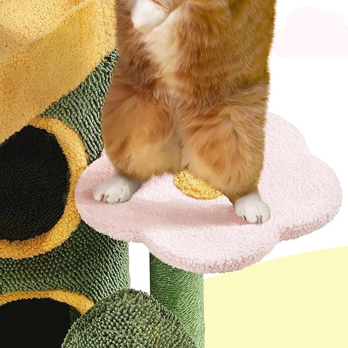 Yaheetech 48in Cactus Cat Tree with Flower-Themed Perches, Multi-Level Platforms, Condo, Scratching Posts & Dangling Balls