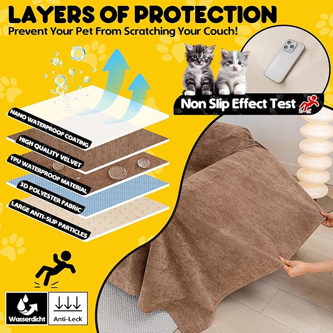 Cat Scratch Furniture Protector - Anti-Slip, Waterproof Sofa Cover to Keep Cats Off, Pet-Friendly Couch Protectors for 3 Cushion Couch, Brown Anti-Scratch Couch Cover for Pets and Kids 134"X71"