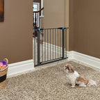 MidWest Homes for Pets 29 Inches Tall Walk-Through Steel Pet Gate, Pressure Mounted Dog Gate with Glow Strip Measures 29H x 29.5-38W Inches & Includes Two 3-Inch-Wide Extensions, Graphite