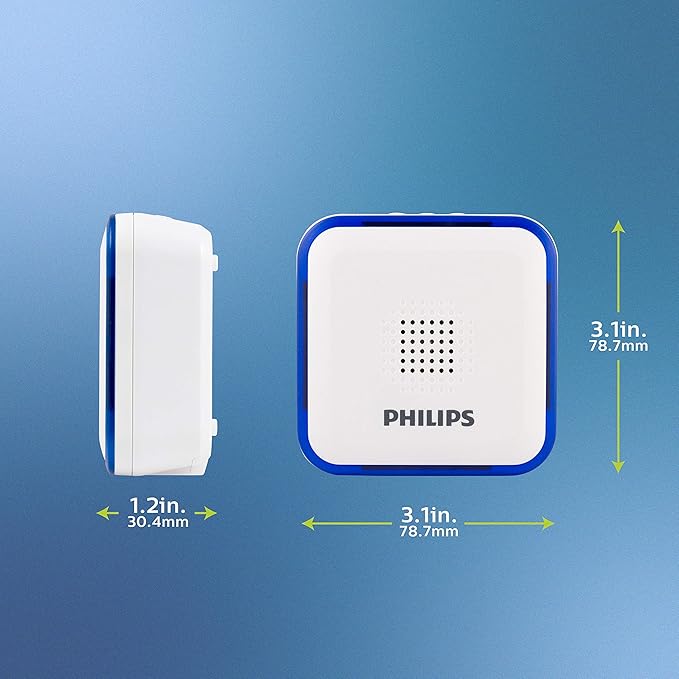 Philips Wireless Doorbell Kit, Battery-Operated Reciever, LED Alert Lights, 1 Push Button, 32 Melodies, 3 Volume Levels, 150 Ft Range, White, DES3140W/27