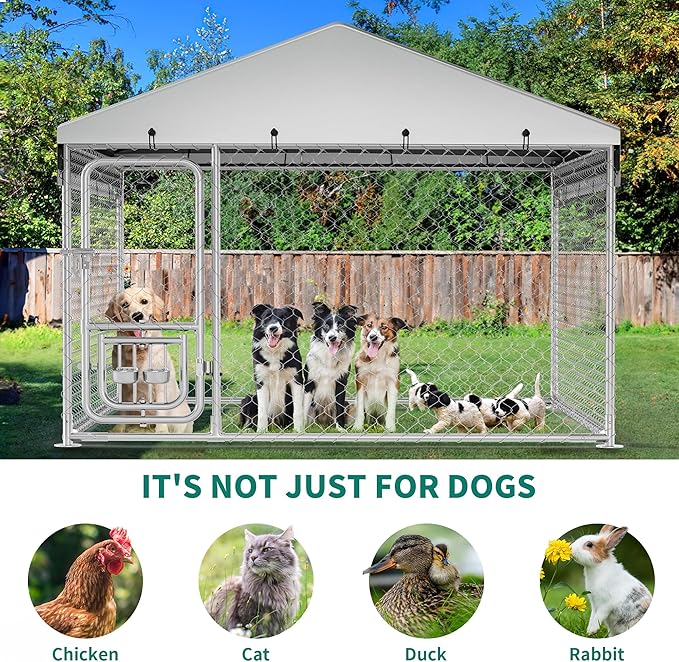 DWVO 7.5'x7.5' Dog Kennel Outdoor with Rotating Feeder Bowls, Outdoor Dog Pens with Roof, Heavy Duty Dog House for Medium Large Dogs