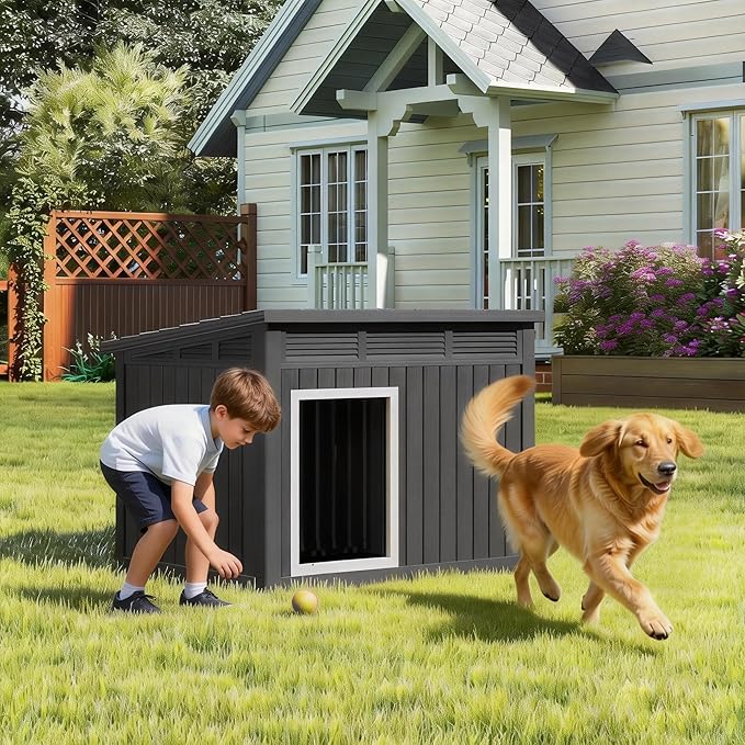 Bifanuo Dog House Outdoor Indoor for Large Dog - Weatherproof & Removable Roof, Easy Assemble and Clean for Medium to Large Dogs(Classic Black, 41.2" L x 31" W x 31.5" H)