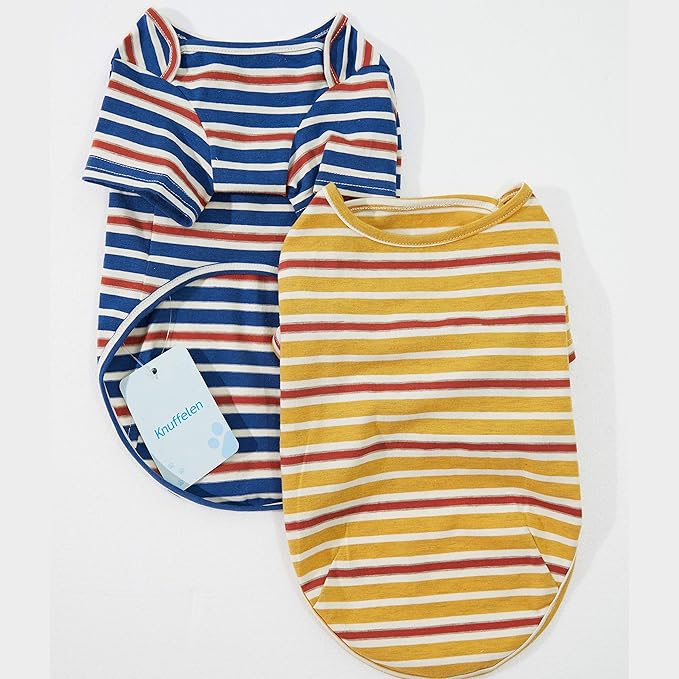 Dog Shirts Cotton Striped T-Shirt, Summer Pet Clothes for Small Dogs, 2-Pack Soft Puppy Apparel Cat Tee, Breathable Stretchy, Blue Yellow XXL